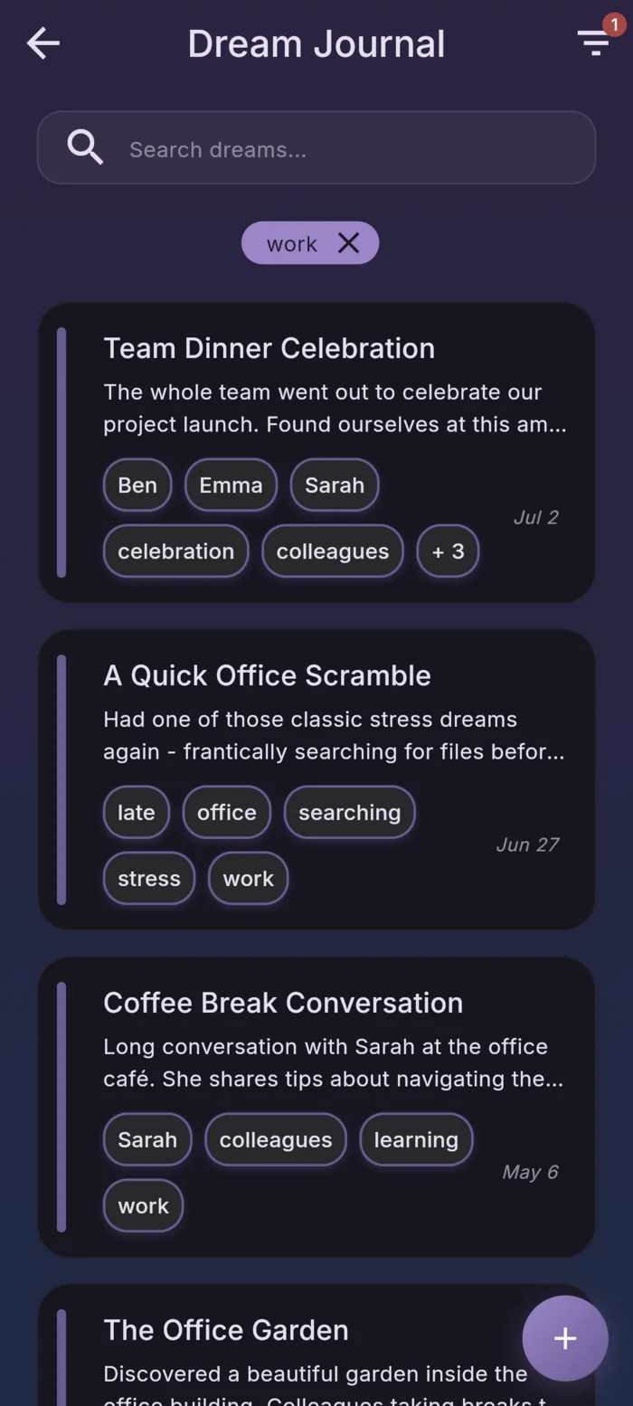 reDream dream journal list filtered by the tag work