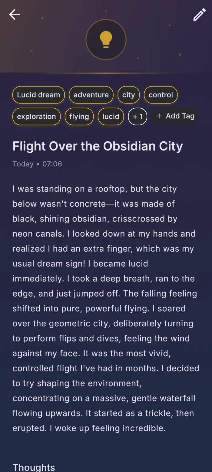 A dream marked lucid in reDream, with the amber lightbulb icon and amber tags