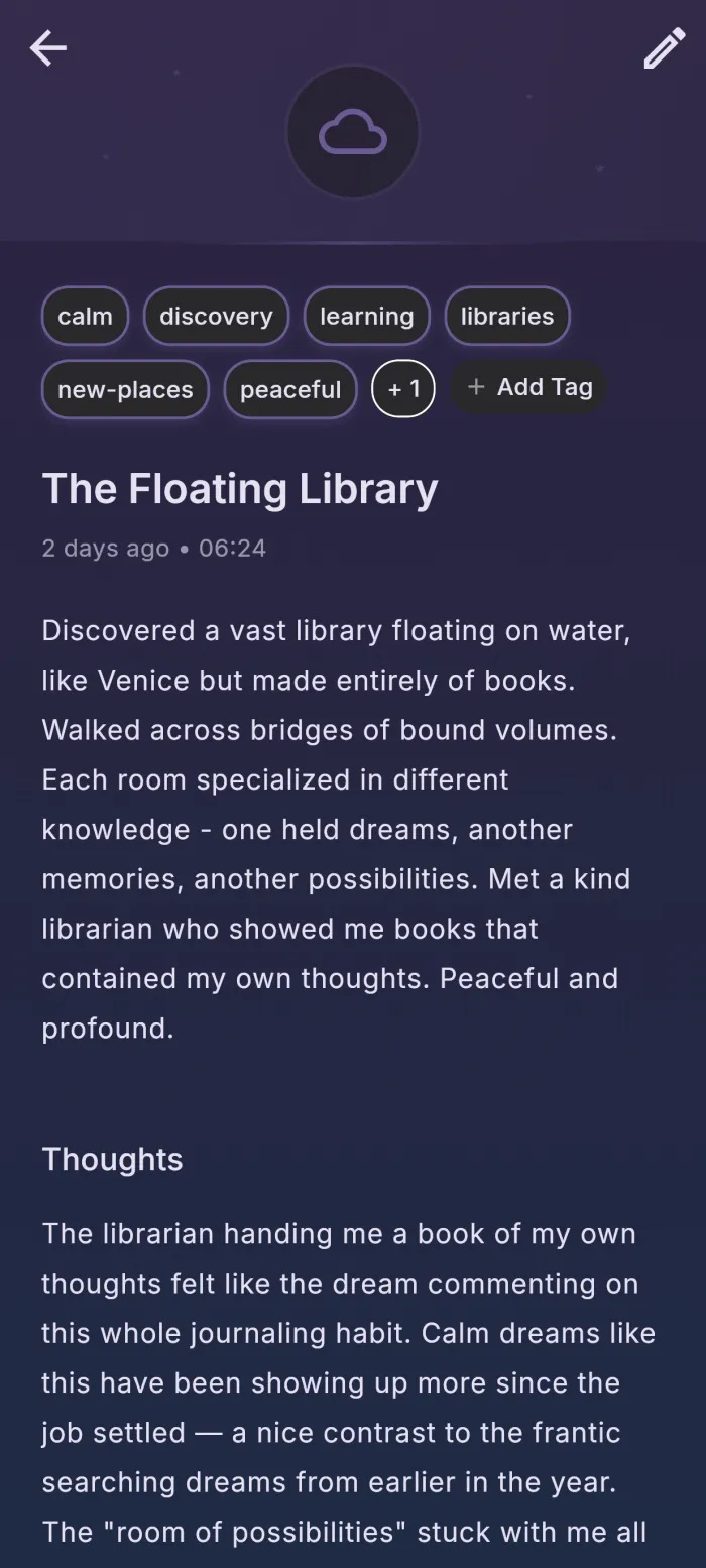 A dream opened in reDream, with its tags, description, and thoughts