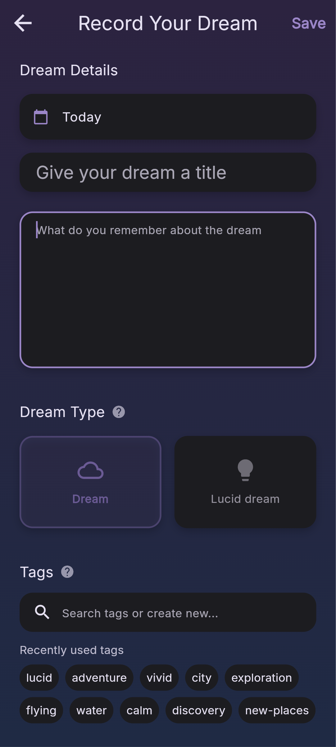 Dream Tracking Page