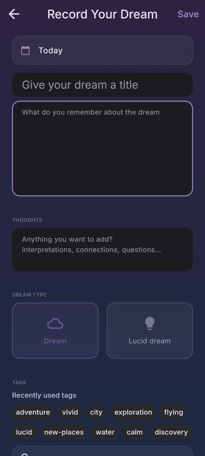 Recording a dream in reDream: date, title, description, thoughts, dream type, and tags