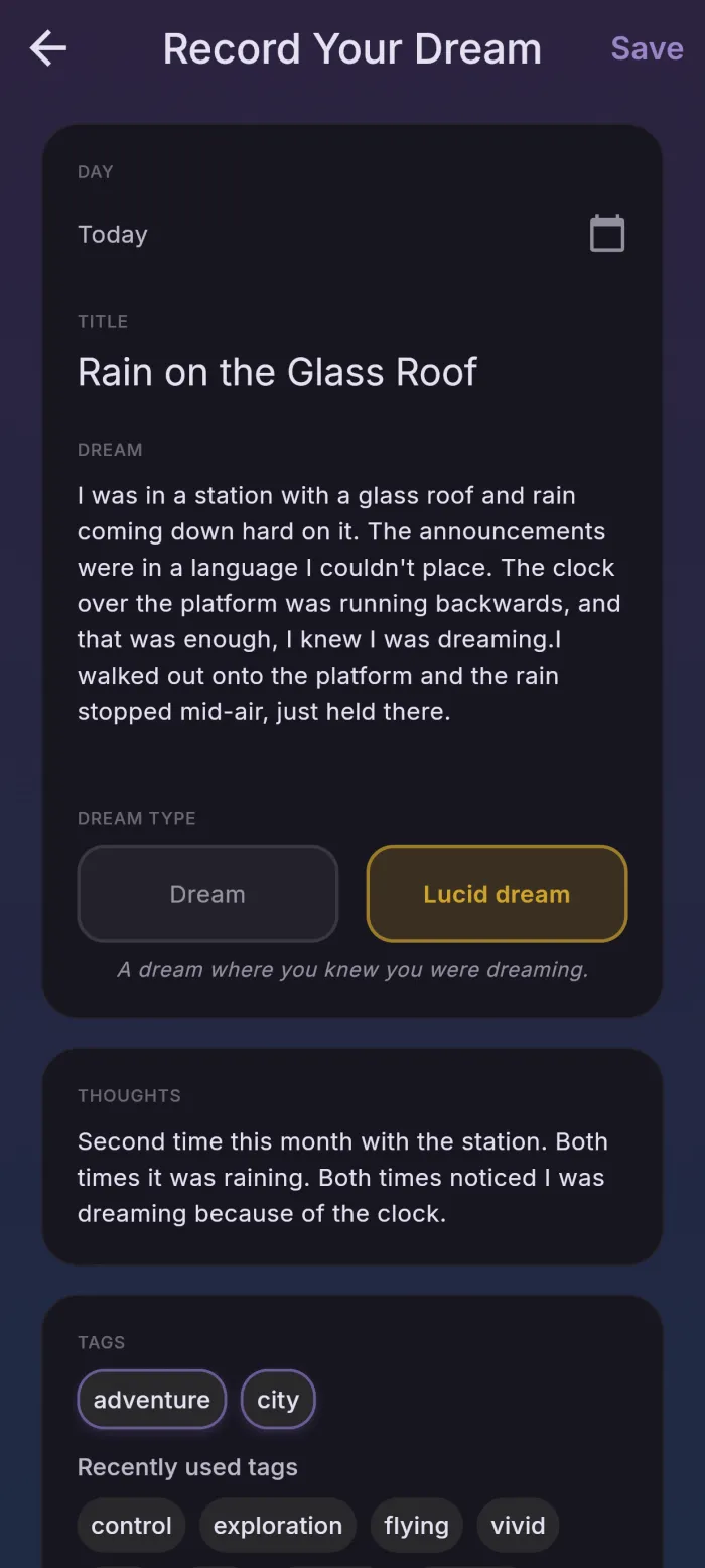 Recording a dream in reDream: date, title, description, thoughts, dream type, and tags