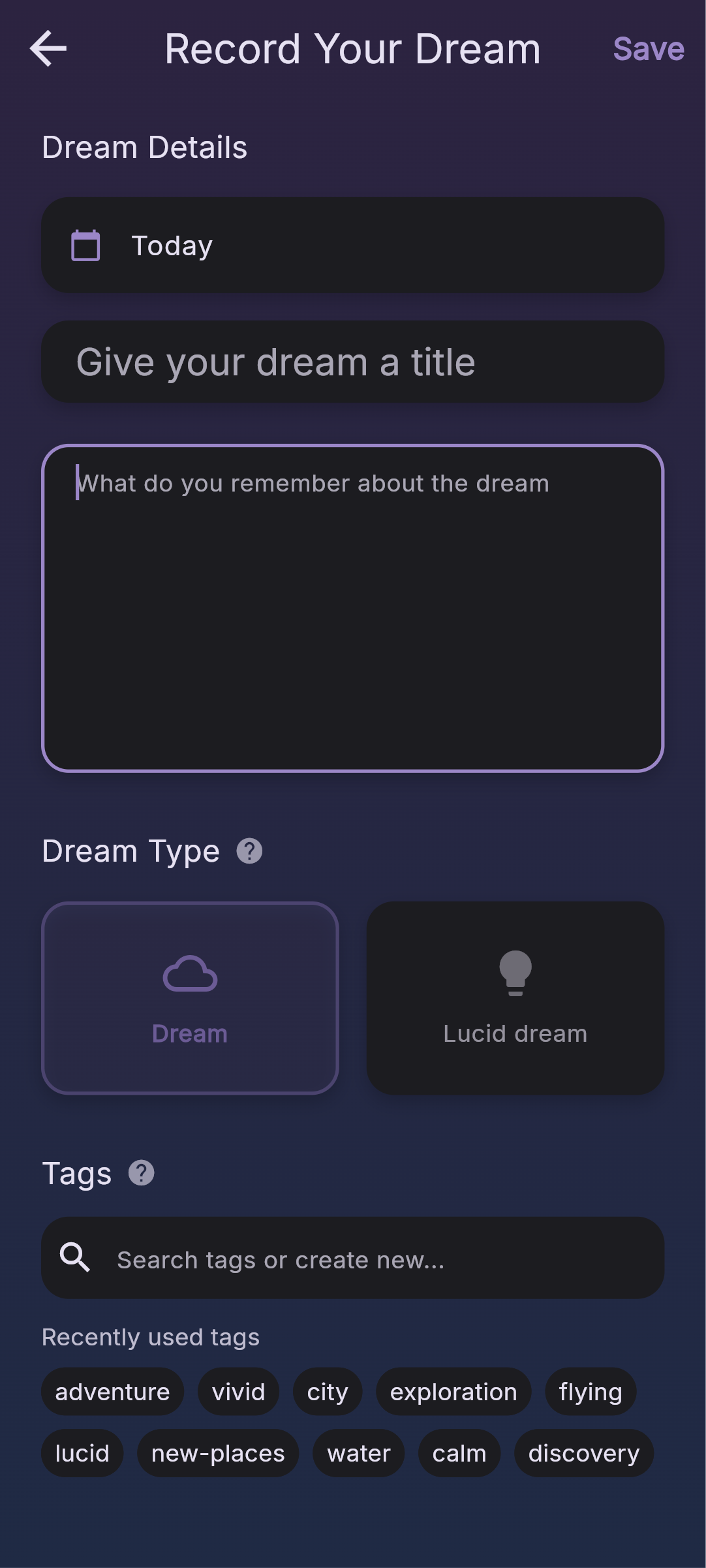 Dream Tracking Page