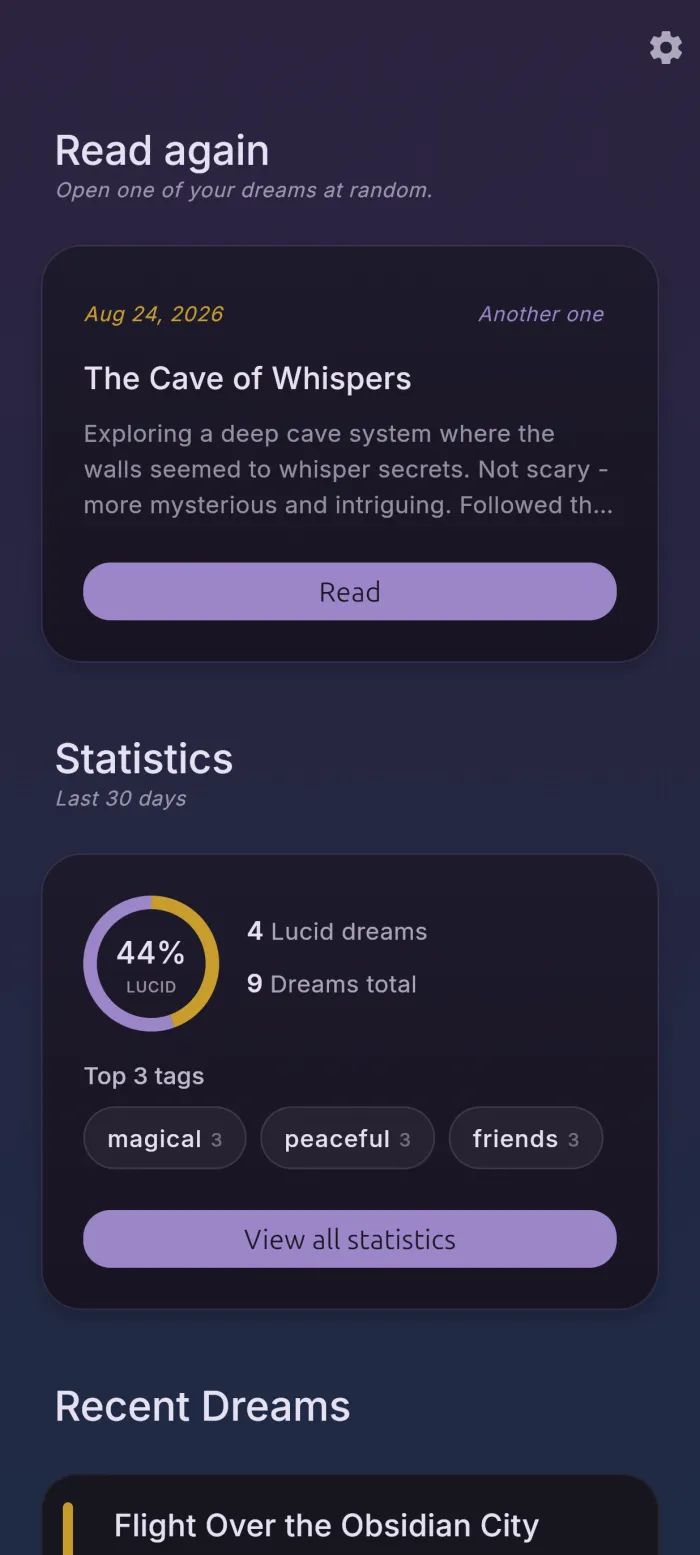 The reDream home screen holding a dream drawn at random, ready to read
