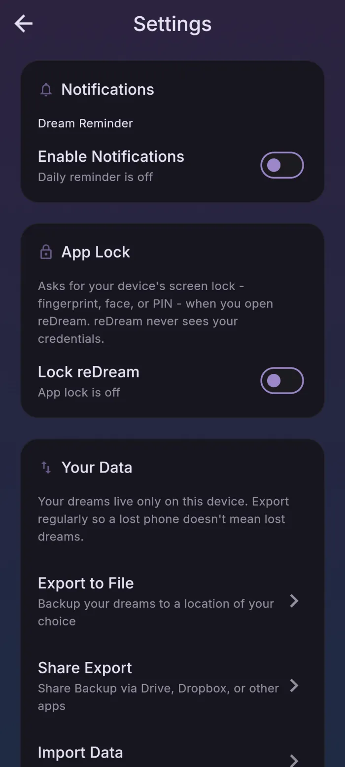 reDream settings: the daily reminder, App Lock using the device screen lock, and Your Data with export and import
